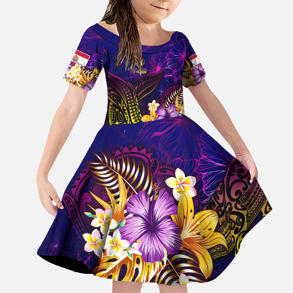 Tahiti French Polynesia Family Matching Summer Maxi Dress and Hawaiian Shirt Whale Hibiscus Polynesian DT02 Daughter's Dress Purple - Polynesian Pride