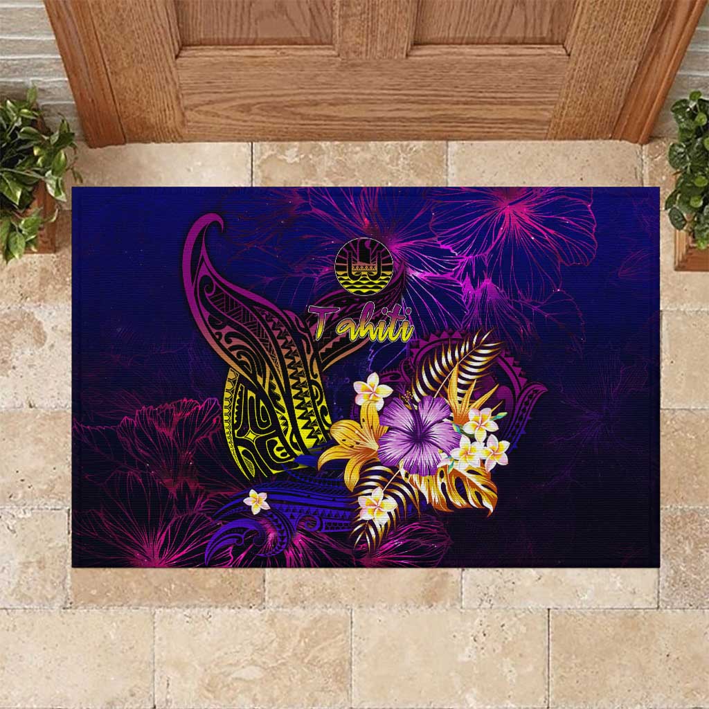 Tahiti French Polynesia Rubber Doormat Whale Hibiscus Polynesian