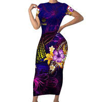 Tahiti French Polynesia Short Sleeve Bodycon Dress Whale Hibiscus Polynesian