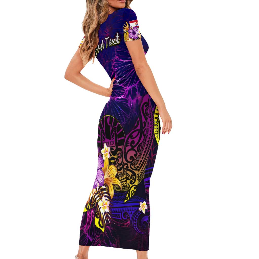 Tahiti French Polynesia Short Sleeve Bodycon Dress Whale Hibiscus Polynesian
