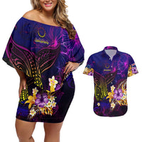 Cook Islands Couples Matching Off Shoulder Short Dress and Hawaiian Shirt Whale Hibiscus Polynesian