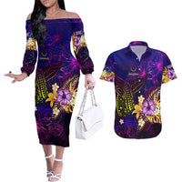 Cook Islands Couples Matching Off The Shoulder Long Sleeve Dress and Hawaiian Shirt Whale Hibiscus Polynesian DT02 Purple - Polynesian Pride