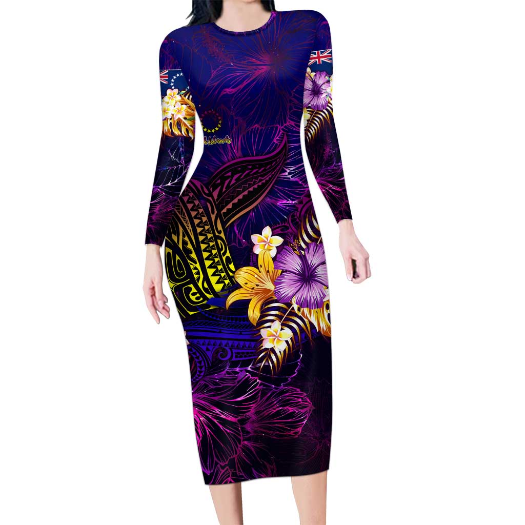 Cook Islands Family Matching Long Sleeve Bodycon Dress and Hawaiian Shirt Whale Hibiscus Polynesian DT02 Mom's Dress Purple - Polynesian Pride