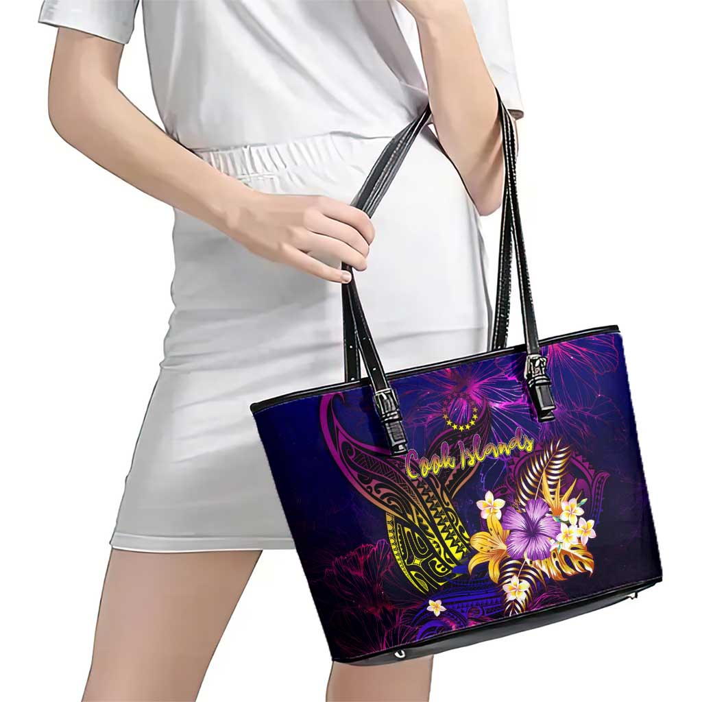 Cook Islands Leather Tote Bag Whale Hibiscus Polynesian