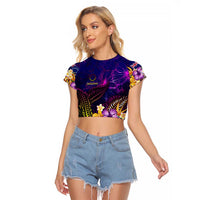 Cook Islands Raglan Cropped T Shirt Whale Hibiscus Polynesian DT02 Female Purple - Polynesian Pride