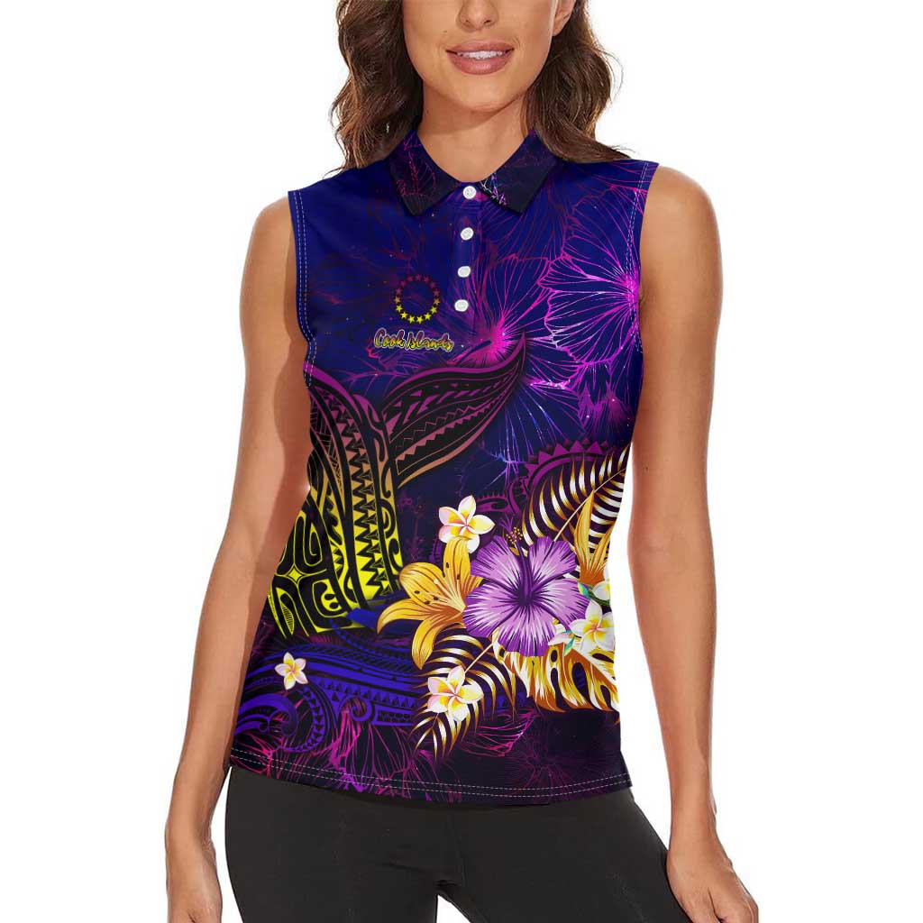 Cook Islands Women Sleeveless Polo Shirt Whale Hibiscus Polynesian