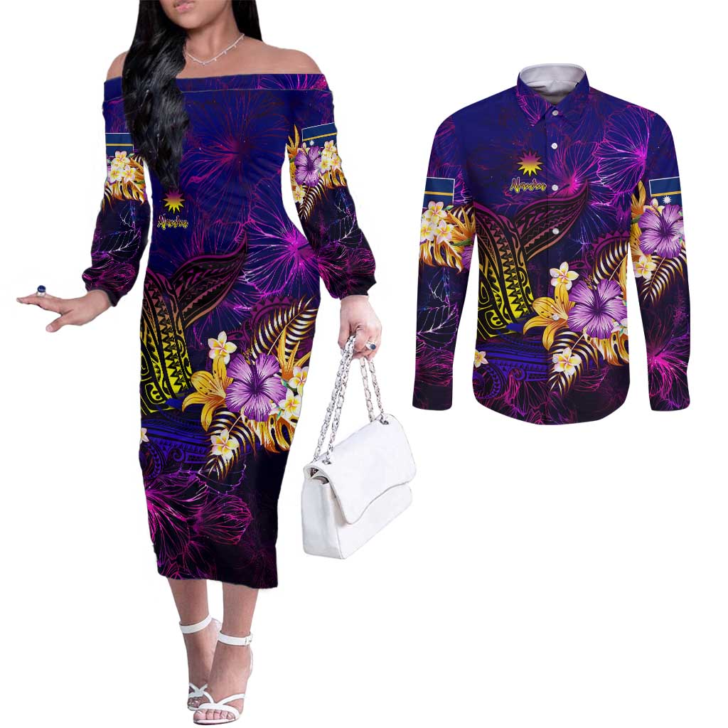 Nauru Couples Matching Off The Shoulder Long Sleeve Dress and Long Sleeve Button Shirt Whale Hibiscus Polynesian