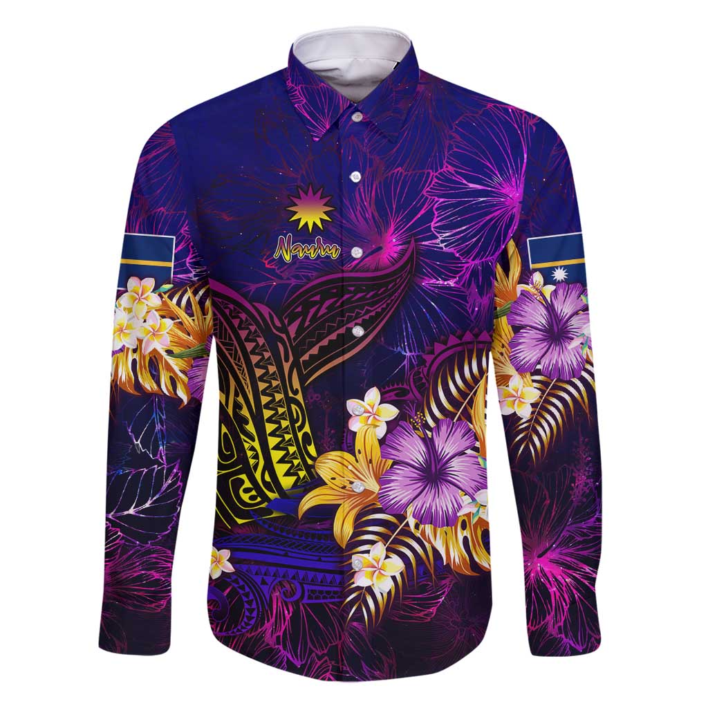 Nauru Family Matching Tank Maxi Dress and Hawaiian Shirt Whale Hibiscus Polynesian DT02 Dad's Shirt - Long Sleeve Purple - Polynesian Pride