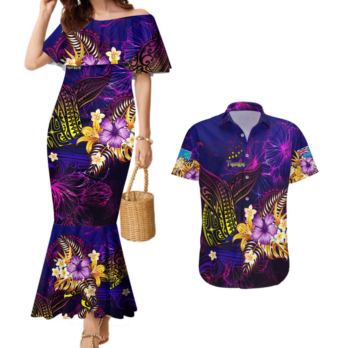 Tuvalu Couples Matching Mermaid Dress and Hawaiian Shirt Whale Hibiscus Polynesian