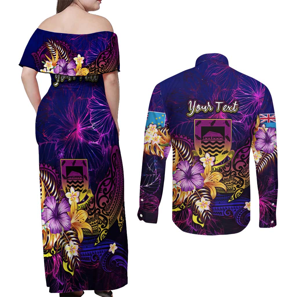 Tuvalu Couples Matching Off Shoulder Maxi Dress and Long Sleeve Button Shirt Whale Hibiscus Polynesian