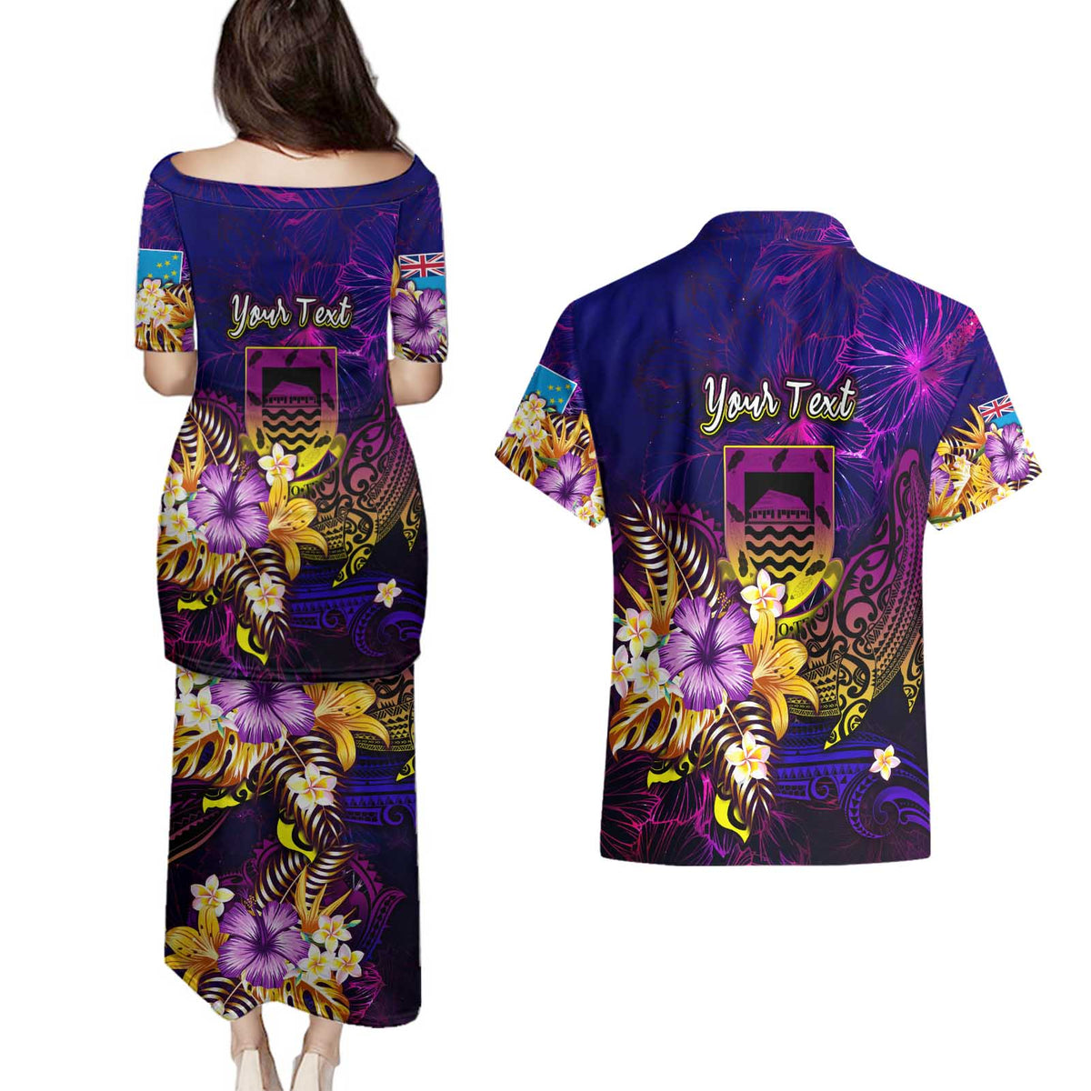 Tuvalu Couples Matching Puletasi and Hawaiian Shirt Whale Hibiscus Polynesian