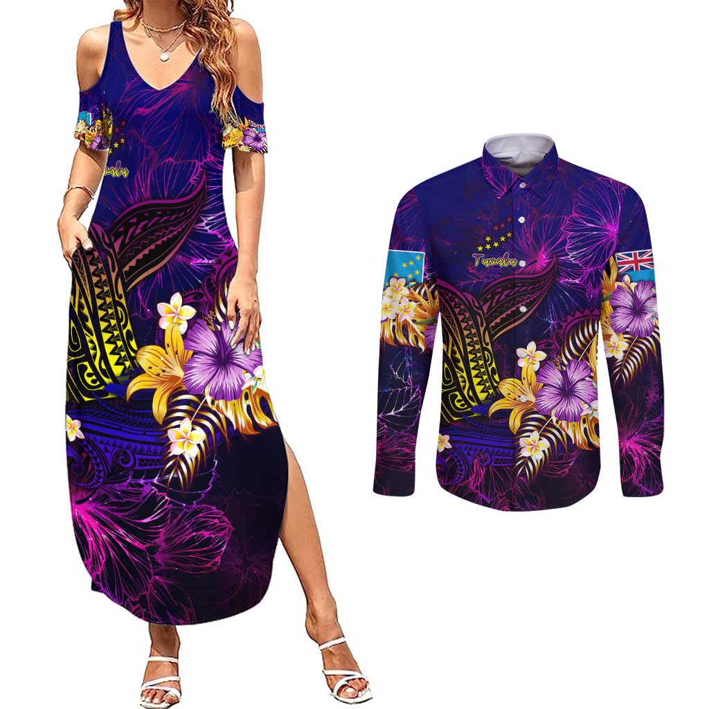 Tuvalu Couples Matching Summer Maxi Dress and Long Sleeve Button Shirt Whale Hibiscus Polynesian