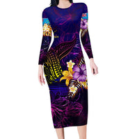Tuvalu Family Matching Long Sleeve Bodycon Dress and Hawaiian Shirt Whale Hibiscus Polynesian DT02 Mom's Dress Purple - Polynesian Pride