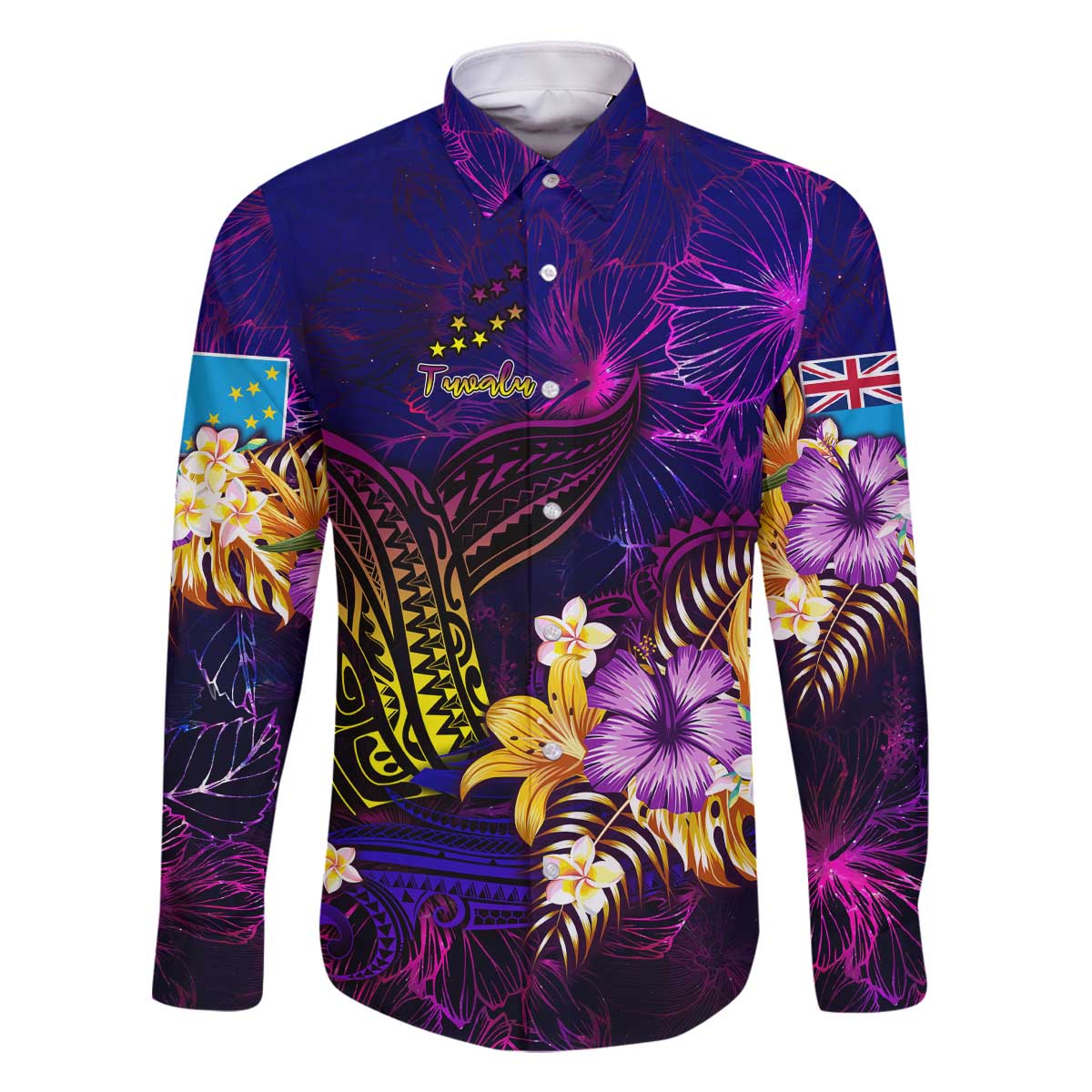 Tuvalu Family Matching Off The Shoulder Long Sleeve Dress and Hawaiian Shirt Whale Hibiscus Polynesian DT02 Dad's Shirt - Long Sleeve Purple - Polynesian Pride