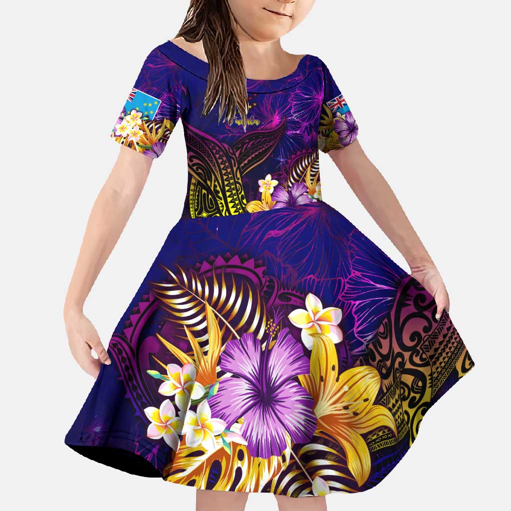 Tuvalu Family Matching Off Shoulder Maxi Dress and Hawaiian Shirt Whale Hibiscus Polynesian DT02 Daughter's Dress Purple - Polynesian Pride