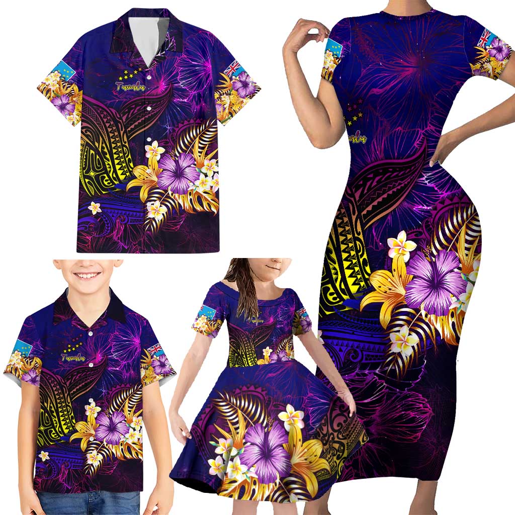 Tuvalu Family Matching Short Sleeve Bodycon Dress and Hawaiian Shirt Whale Hibiscus Polynesian DT02 - Polynesian Pride