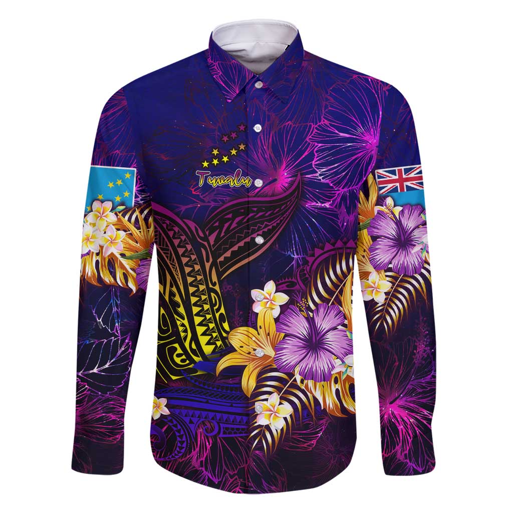 Tuvalu Family Matching Tank Maxi Dress and Hawaiian Shirt Whale Hibiscus Polynesian DT02 Dad's Shirt - Long Sleeve Purple - Polynesian Pride