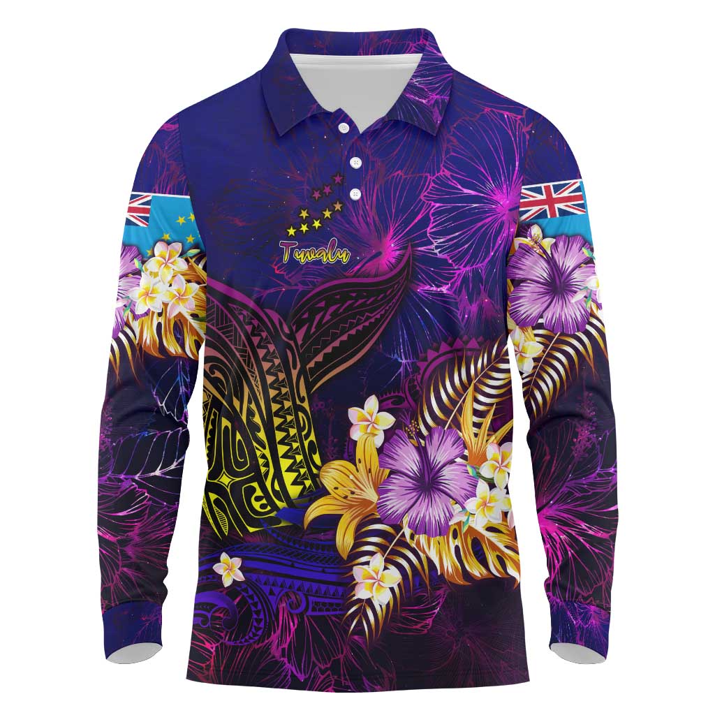 Tuvalu Long Sleeve Polo Shirt Whale Hibiscus Polynesian DT02 Purple - Polynesian Pride