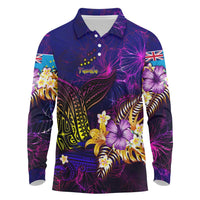 Tuvalu Long Sleeve Polo Shirt Whale Hibiscus Polynesian DT02 Purple - Polynesian Pride