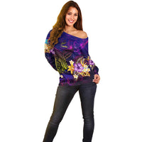 Tuvalu Off Shoulder Sweater Whale Hibiscus Polynesian