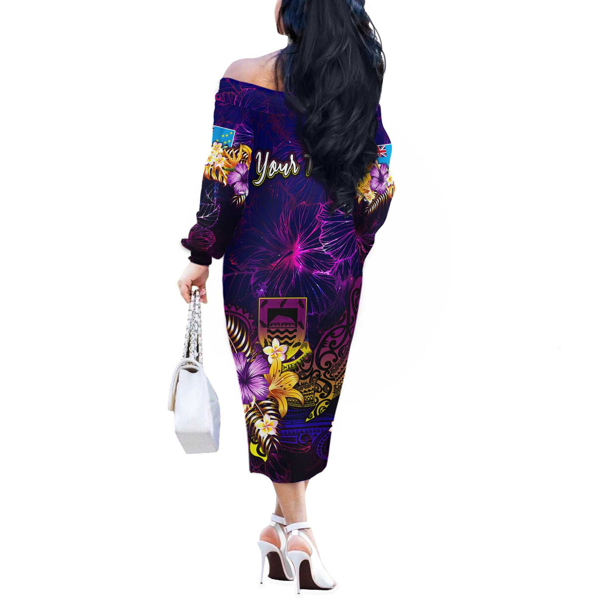 Tuvalu Off The Shoulder Long Sleeve Dress Whale Hibiscus Polynesian