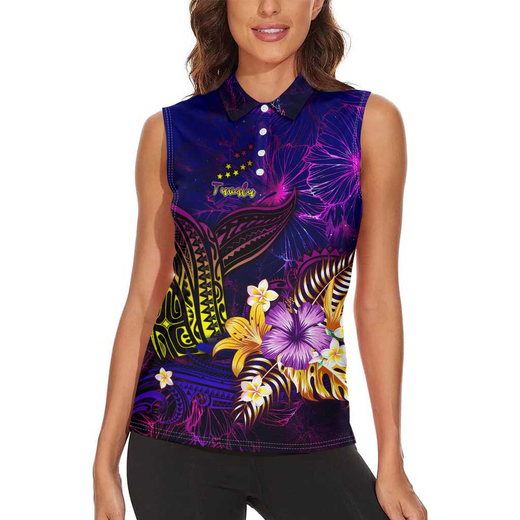 Tuvalu Women Sleeveless Polo Shirt Whale Hibiscus Polynesian