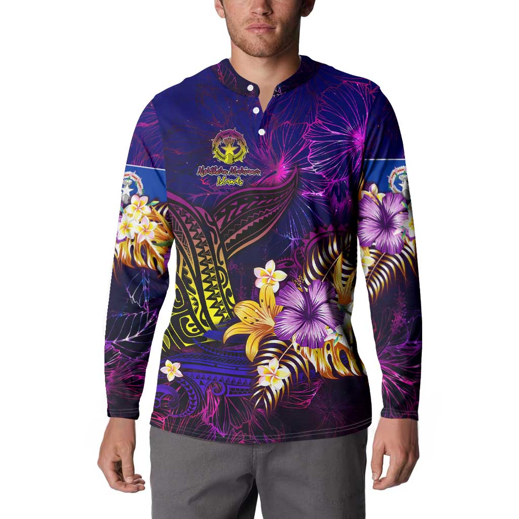 Northern Mariana Islands Button Sweatshirt Whale Hibiscus Polynesian