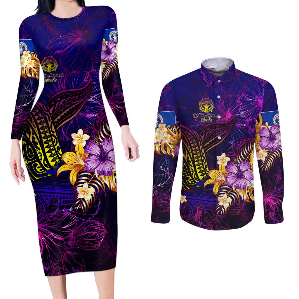 Northern Mariana Islands Couples Matching Long Sleeve Bodycon Dress and Long Sleeve Button Shirt Whale Hibiscus Polynesian DT02 Purple - Polynesian Pride