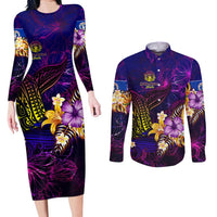 Northern Mariana Islands Couples Matching Long Sleeve Bodycon Dress and Long Sleeve Button Shirt Whale Hibiscus Polynesian DT02 Purple - Polynesian Pride