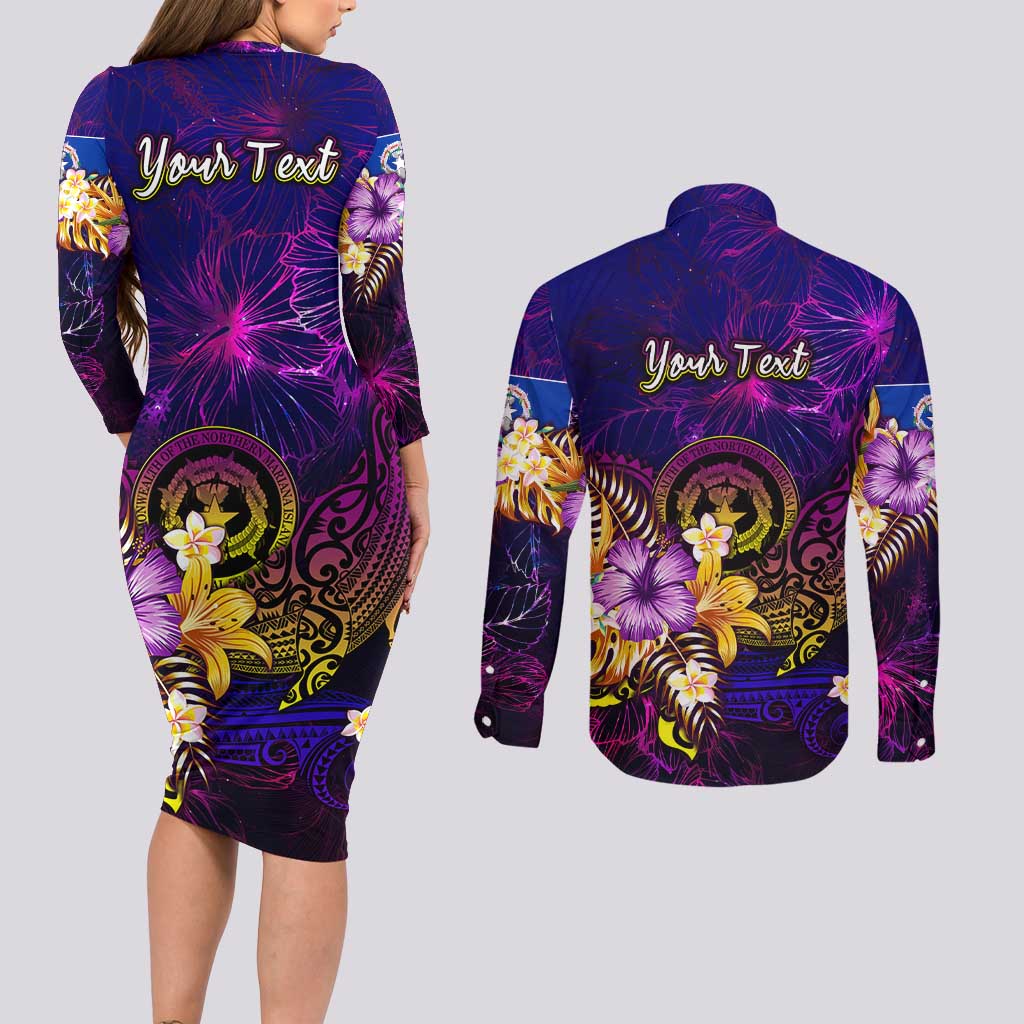 Northern Mariana Islands Couples Matching Long Sleeve Bodycon Dress and Long Sleeve Button Shirt Whale Hibiscus Polynesian DT02 - Polynesian Pride