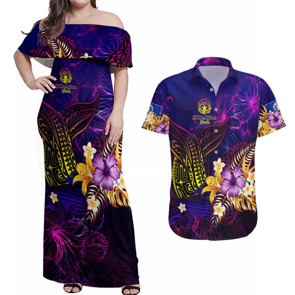 Northern Mariana Islands Couples Matching Off Shoulder Maxi Dress and Hawaiian Shirt Whale Hibiscus Polynesian DT02 Purple - Polynesian Pride