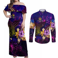 Northern Mariana Islands Couples Matching Off Shoulder Maxi Dress and Long Sleeve Button Shirt Whale Hibiscus Polynesian