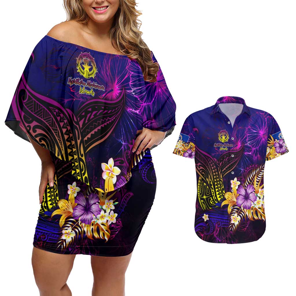 Northern Mariana Islands Couples Matching Off Shoulder Short Dress and Hawaiian Shirt Whale Hibiscus Polynesian DT02 Purple - Polynesian Pride