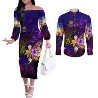 Northern Mariana Islands Couples Matching Off The Shoulder Long Sleeve Dress and Long Sleeve Button Shirt Whale Hibiscus Polynesian DT02 Purple - Polynesian Pride