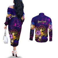 Northern Mariana Islands Couples Matching Off The Shoulder Long Sleeve Dress and Long Sleeve Button Shirt Whale Hibiscus Polynesian DT02 - Polynesian Pride