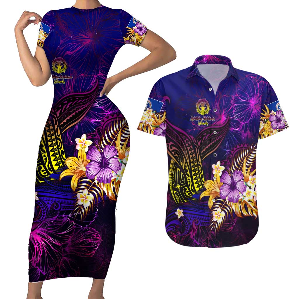 Northern Mariana Islands Couples Matching Short Sleeve Bodycon Dress and Hawaiian Shirt Whale Hibiscus Polynesian DT02 Purple - Polynesian Pride