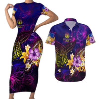 Northern Mariana Islands Couples Matching Short Sleeve Bodycon Dress and Hawaiian Shirt Whale Hibiscus Polynesian DT02 Purple - Polynesian Pride