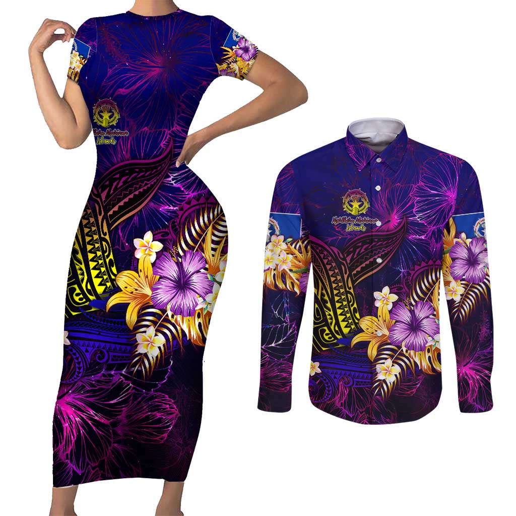 Northern Mariana Islands Couples Matching Short Sleeve Bodycon Dress and Long Sleeve Button Shirt Whale Hibiscus Polynesian DT02 Purple - Polynesian Pride