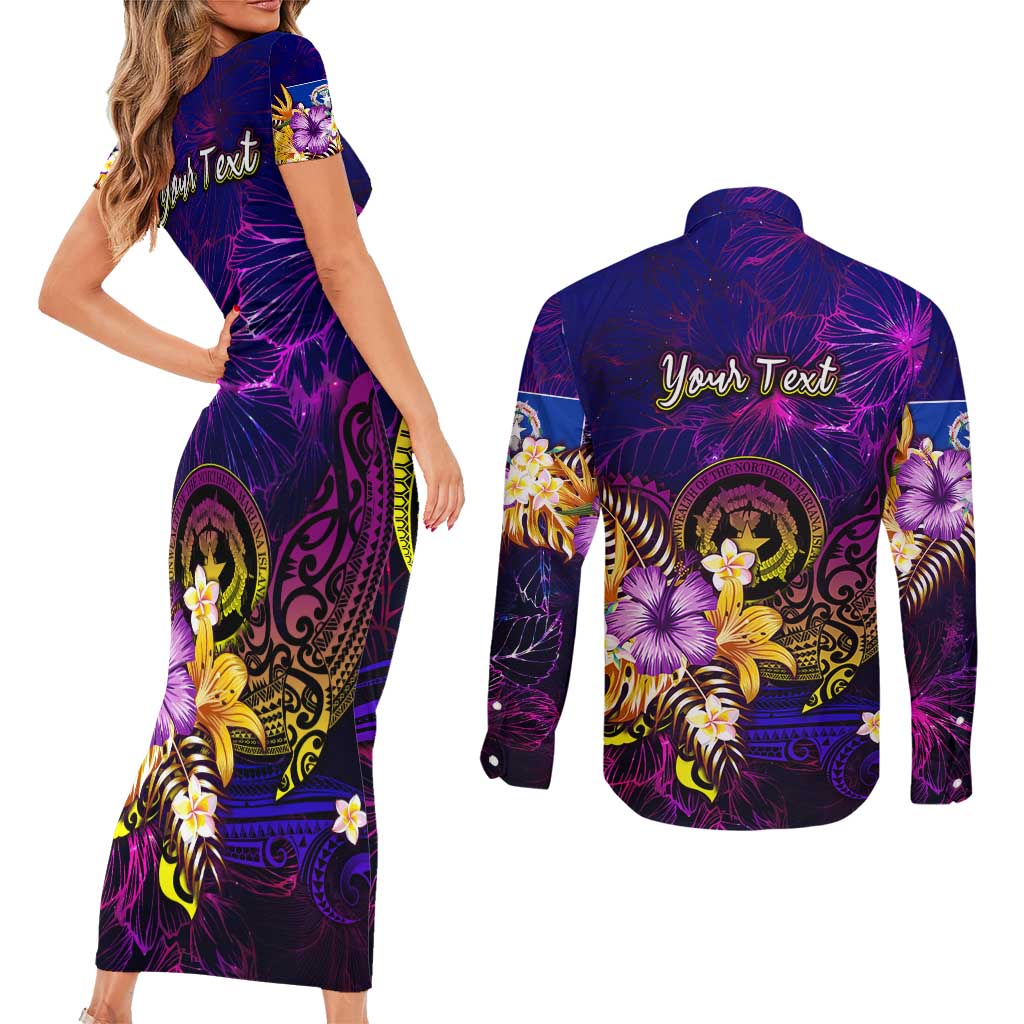 Northern Mariana Islands Couples Matching Short Sleeve Bodycon Dress and Long Sleeve Button Shirt Whale Hibiscus Polynesian DT02 - Polynesian Pride