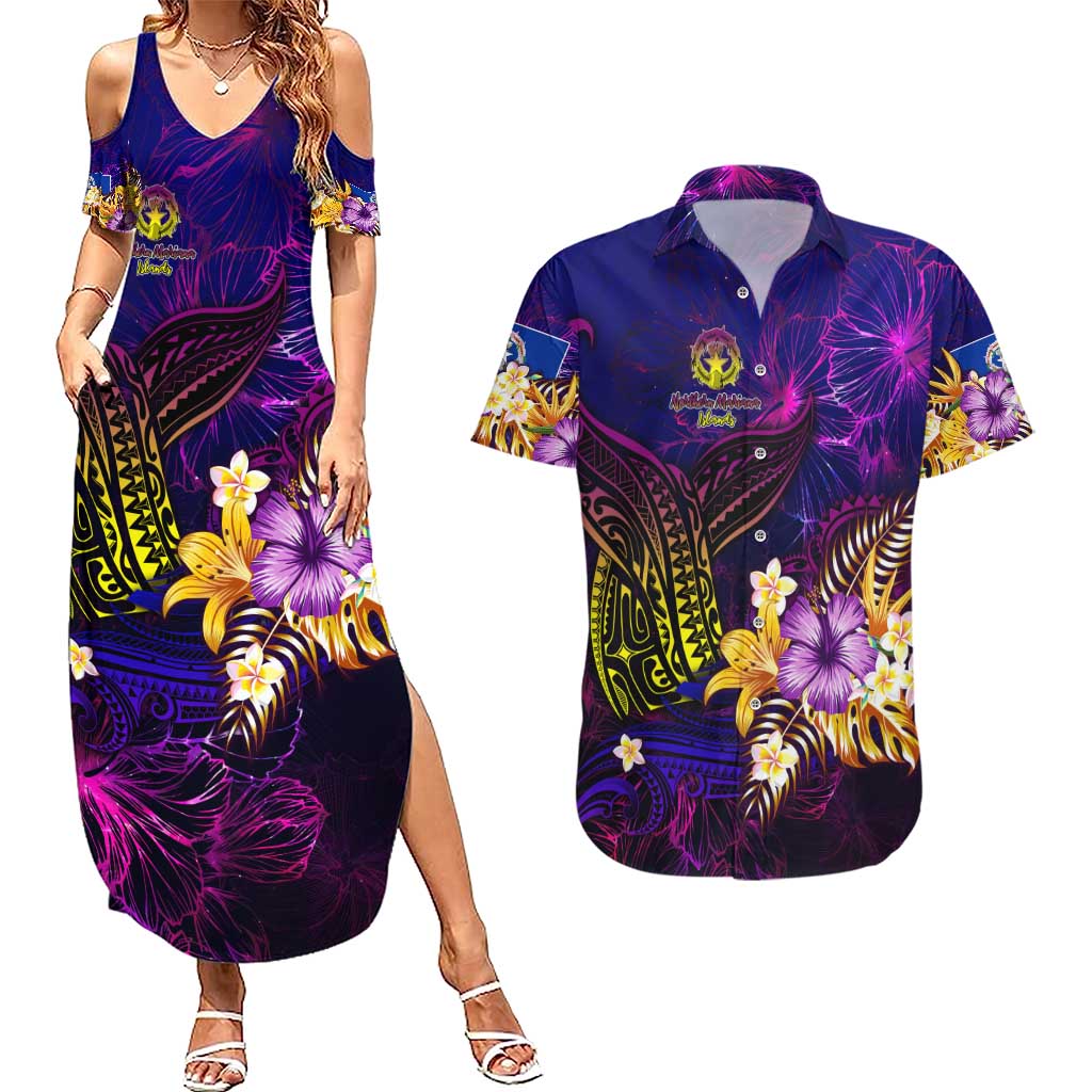 Northern Mariana Islands Couples Matching Summer Maxi Dress and Hawaiian Shirt Whale Hibiscus Polynesian