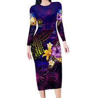 Northern Mariana Islands Family Matching Long Sleeve Bodycon Dress and Hawaiian Shirt Whale Hibiscus Polynesian DT02 Mom's Dress Purple - Polynesian Pride
