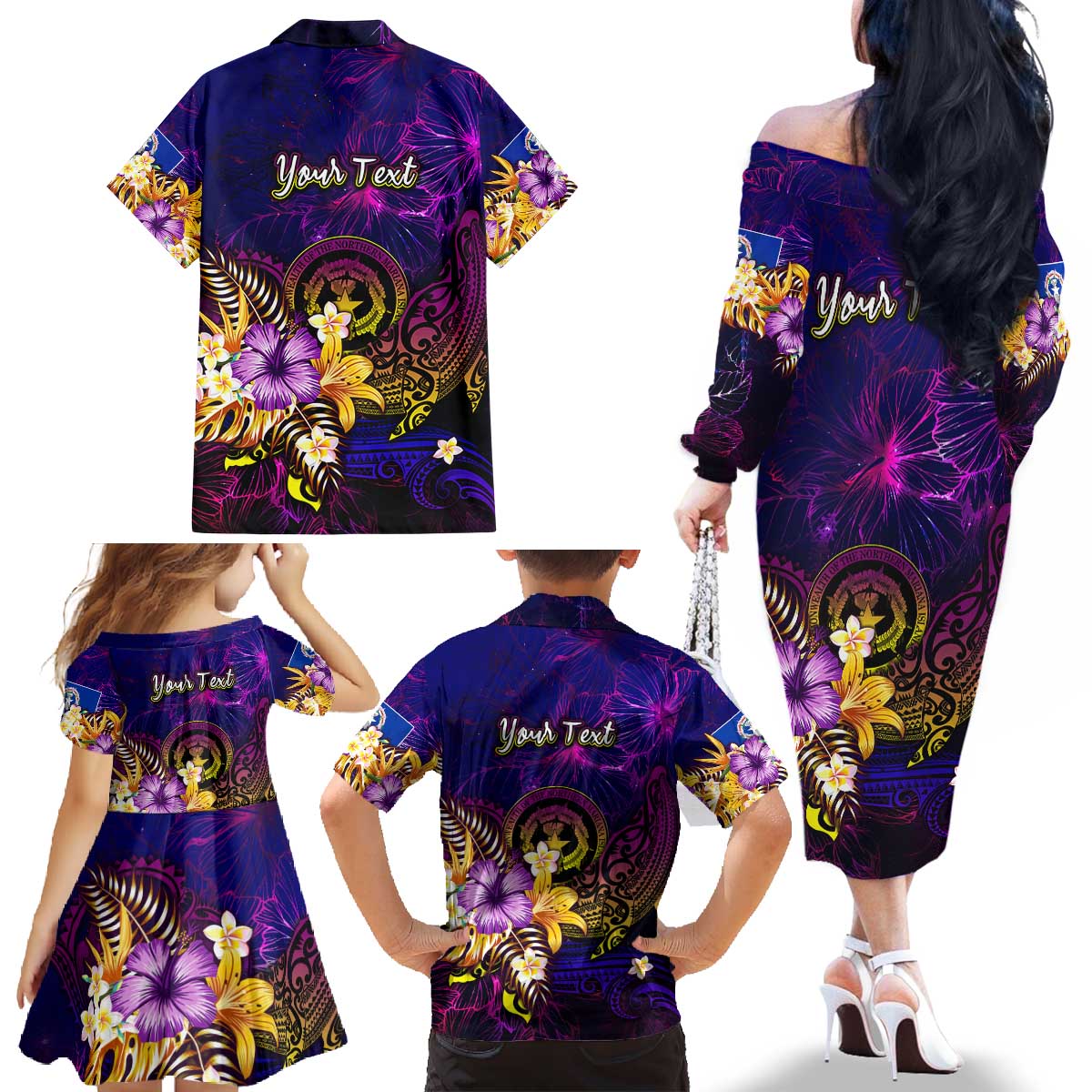 Northern Mariana Islands Family Matching Off The Shoulder Long Sleeve Dress and Hawaiian Shirt Whale Hibiscus Polynesian DT02 - Polynesian Pride