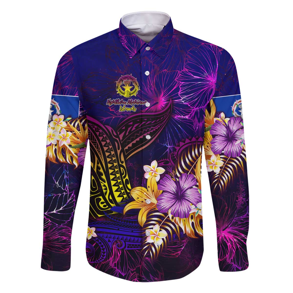 Northern Mariana Islands Family Matching Off The Shoulder Long Sleeve Dress and Hawaiian Shirt Whale Hibiscus Polynesian DT02 Dad's Shirt - Long Sleeve Purple - Polynesian Pride