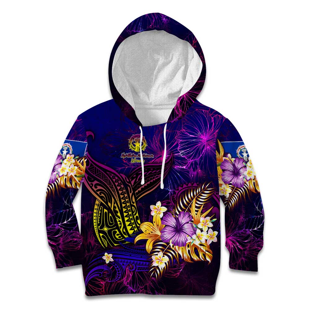 Northern Mariana Islands Kid Hoodie Whale Hibiscus Polynesian