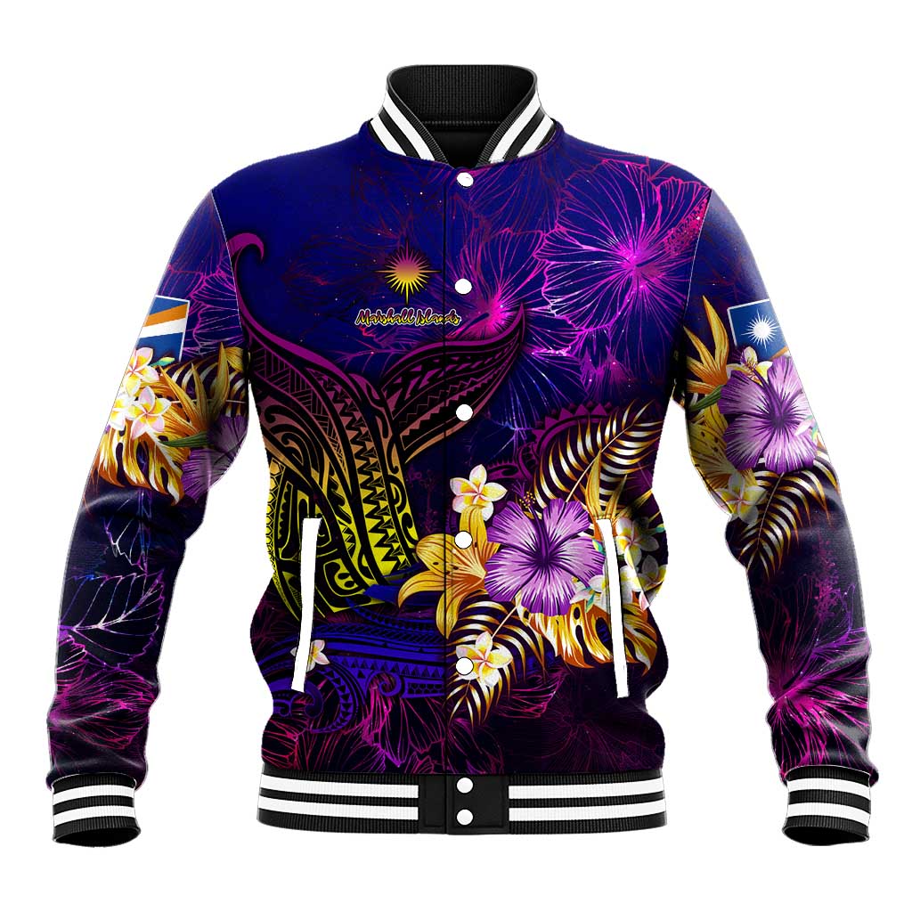 Marshall Islands Baseball Jacket Whale Hibiscus Polynesian