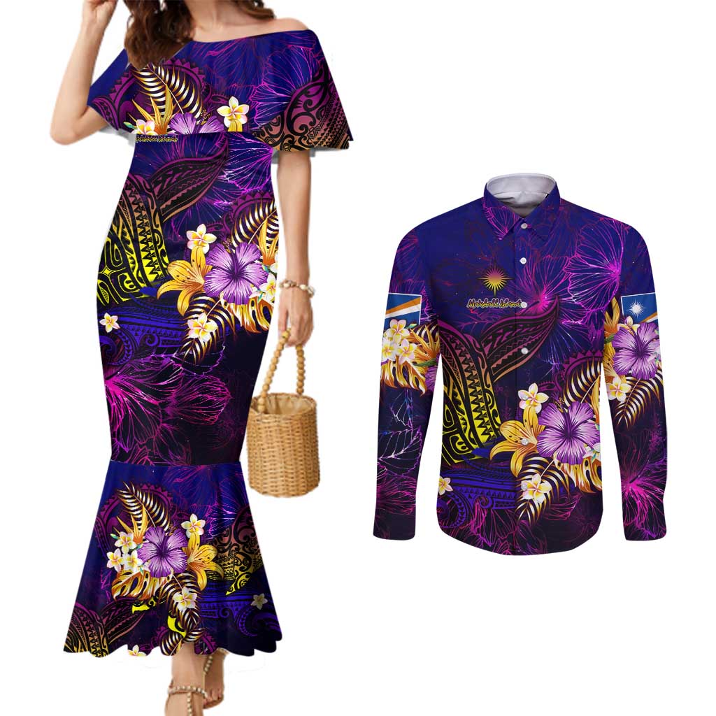 Marshall Islands Couples Matching Mermaid Dress and Long Sleeve Button Shirt Whale Hibiscus Polynesian