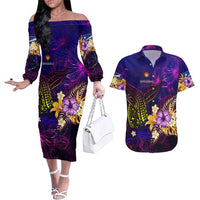 Marshall Islands Couples Matching Off The Shoulder Long Sleeve Dress and Hawaiian Shirt Whale Hibiscus Polynesian DT02 Purple - Polynesian Pride