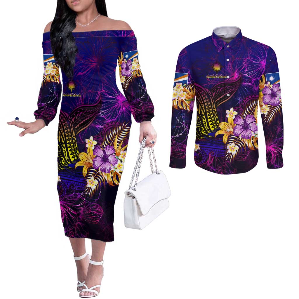 Marshall Islands Couples Matching Off The Shoulder Long Sleeve Dress and Long Sleeve Button Shirt Whale Hibiscus Polynesian