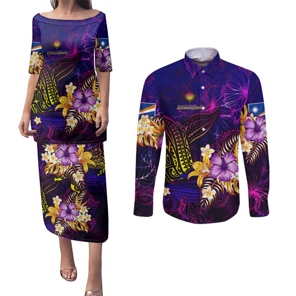 Marshall Islands Couples Matching Puletasi and Long Sleeve Button Shirt Whale Hibiscus Polynesian