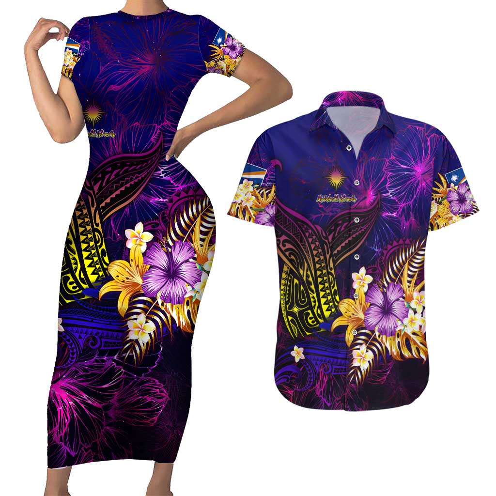Marshall Islands Couples Matching Short Sleeve Bodycon Dress and Hawaiian Shirt Whale Hibiscus Polynesian DT02 Purple - Polynesian Pride